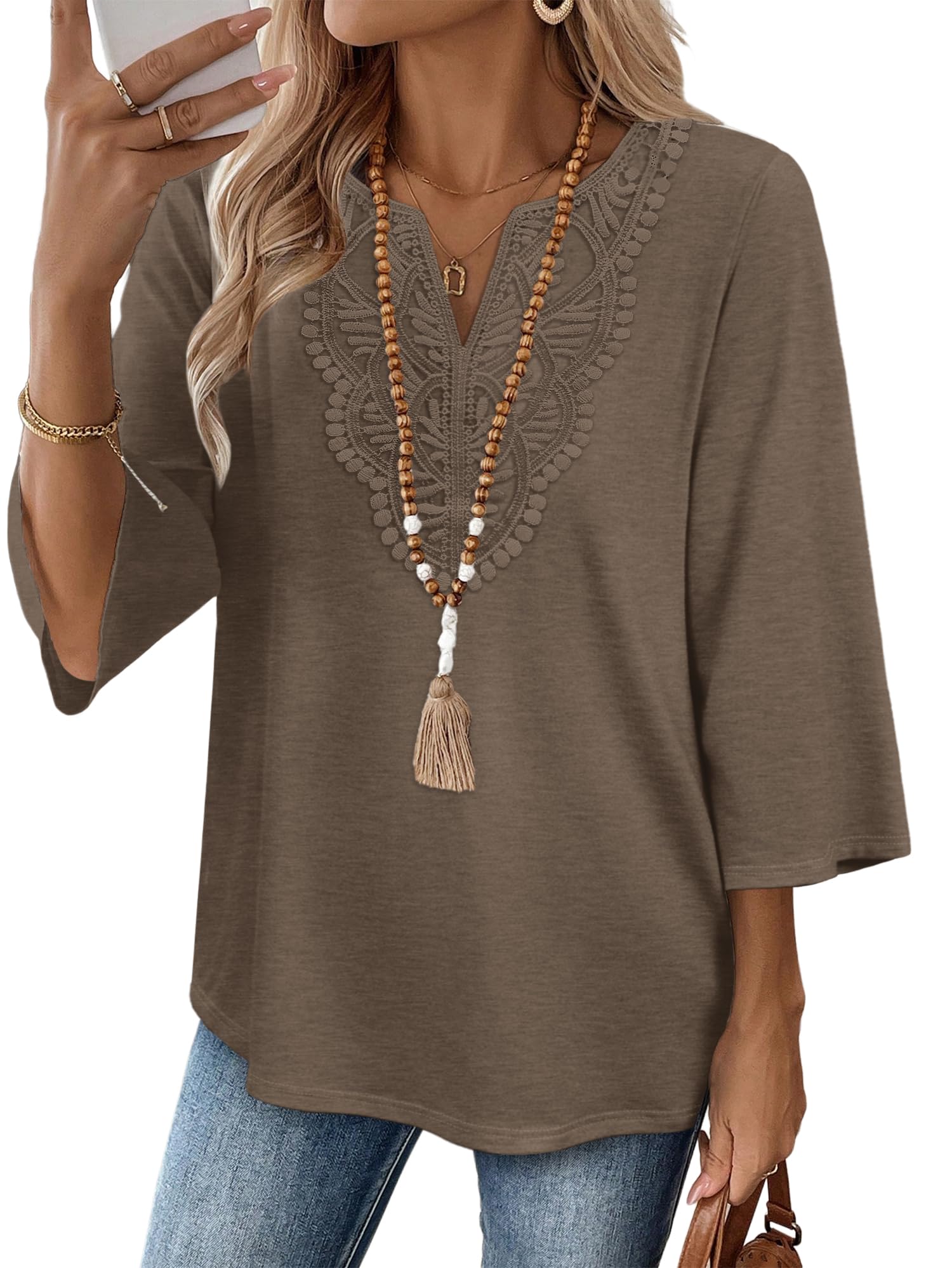 WIHOLL 3/4 Length Sleeve Womens Tops Boho V Neck Lace Shirt Trendy Blouses Dressy Casual Vacation Clothes S-3XL