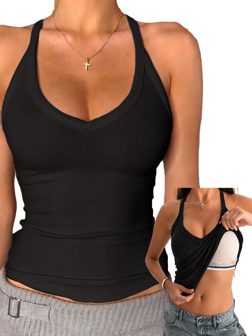 Danysu V Neck Cotton Tank Top with Built-in Shelf Bra Racerback Fitted Cami