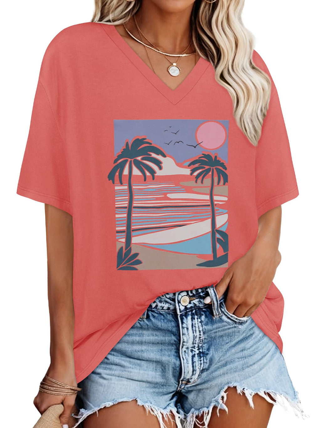 Oversized Tshirts for Women Graphic V Neck Short Sleeve Summer Casual Tops