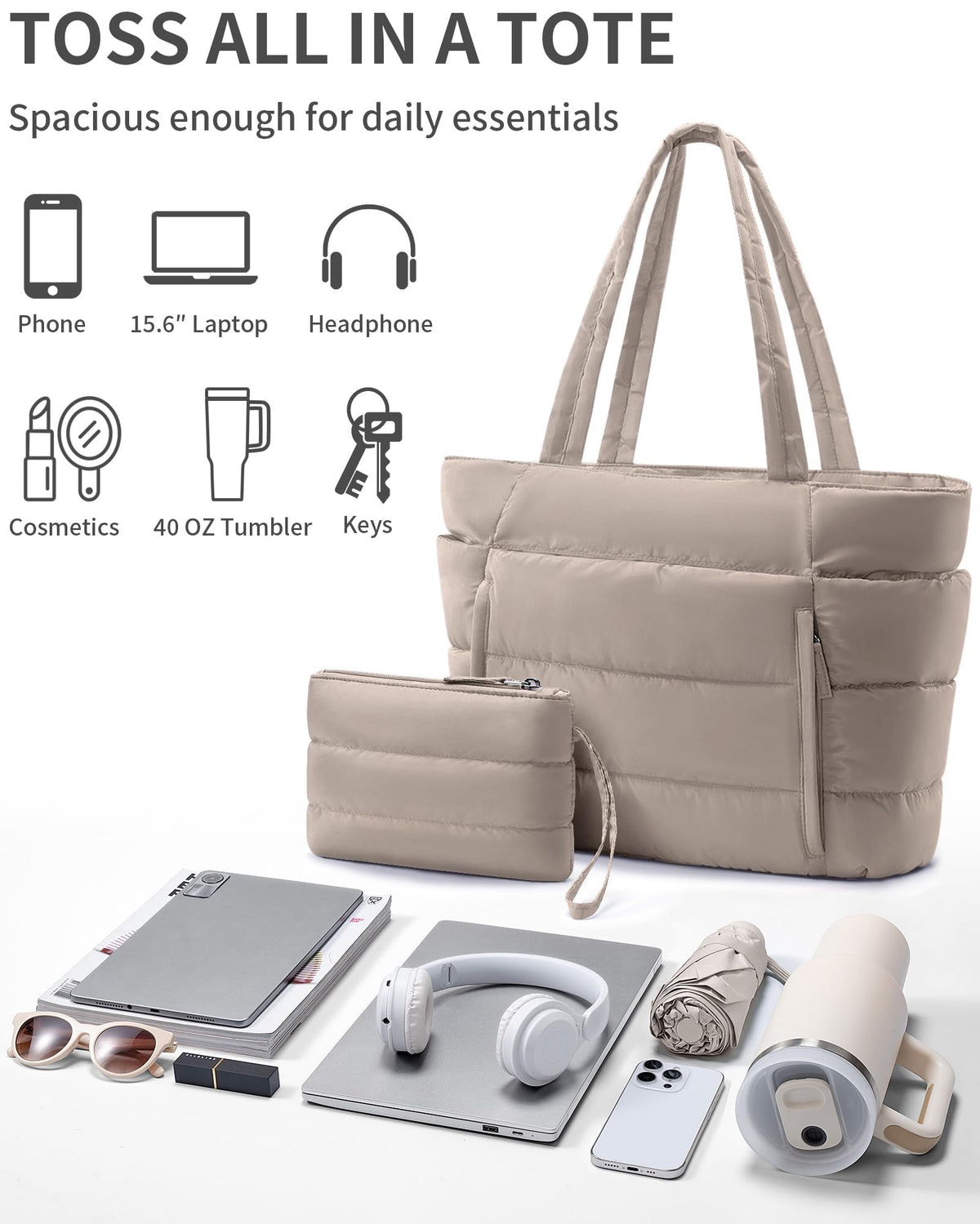 Bagstellar Puffer Tote Bag for Women, Lightweight Puffy Travel Gym Work Bag