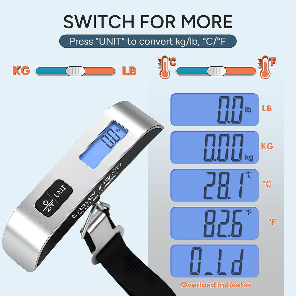 travel inspira Digital Luggage Scale – Portable Hanging Suitcase Weight Scale for Travel, 110 lb Capacity, Backlit LCD Display, Prevents Airport Overweight Fees, Battery Included