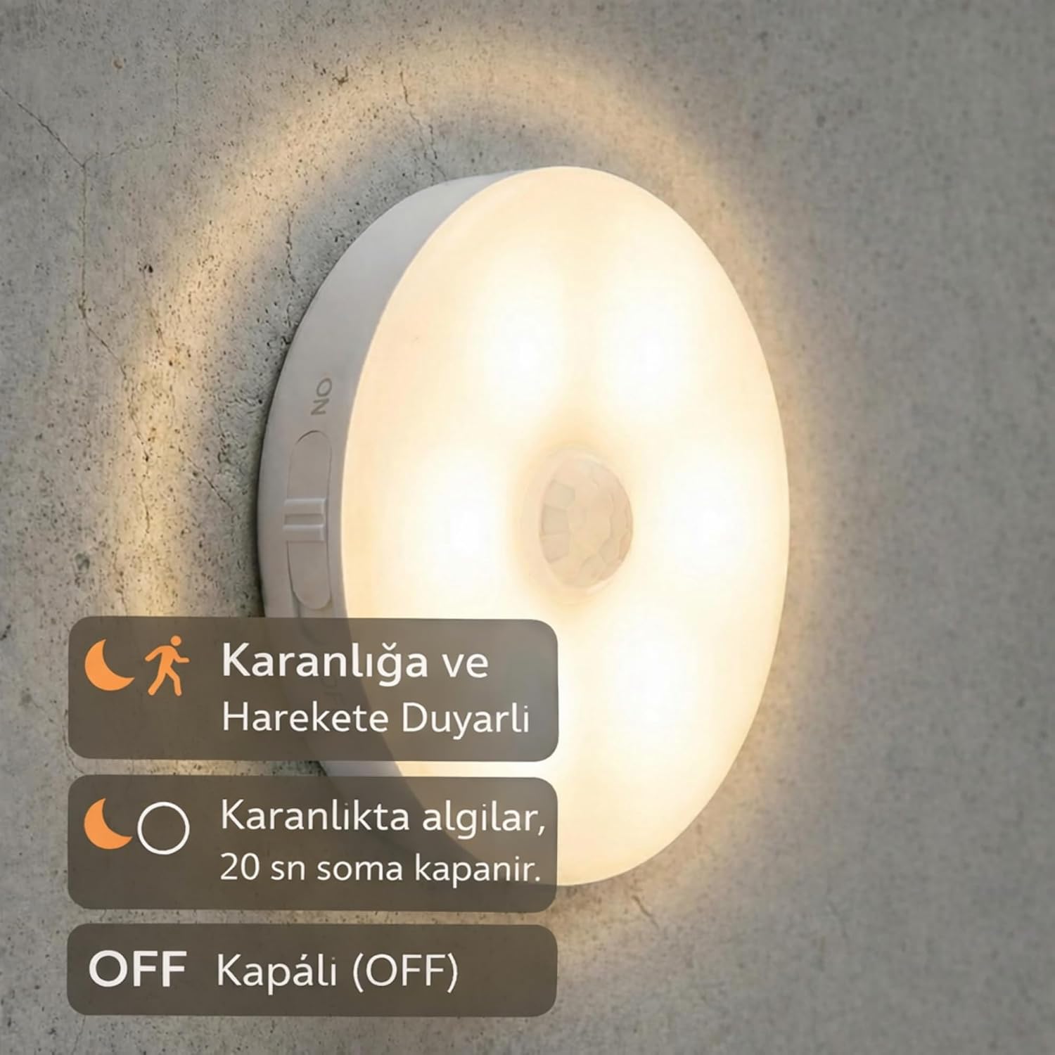 Amber LED Hareket Sensörlü Ledli Gece Lambası Şarj Edilebilir, Taşınabilir 4000k Günışığı (2 Adet)