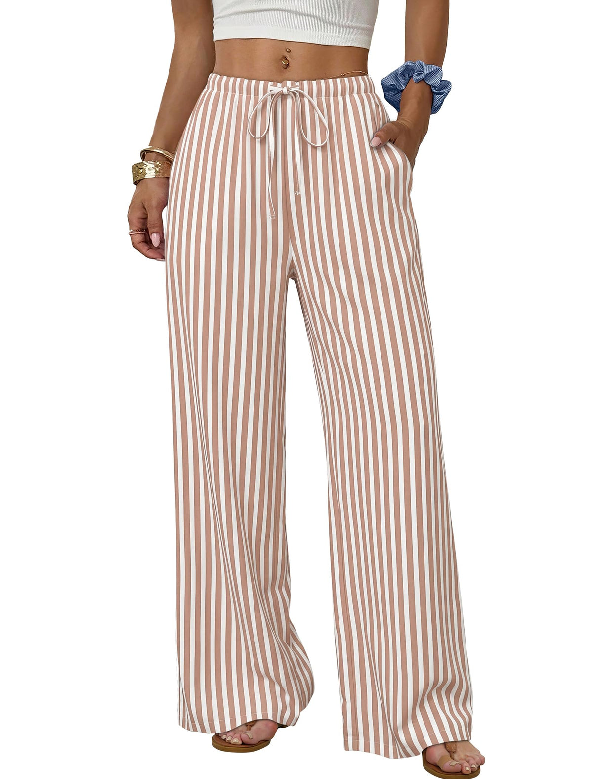 Sampeel Wide Leg Pants for Women Flowy Palazzo Drawstring Elastic Waist Trousers with Pockets Summer Beach Vacation Clothes
