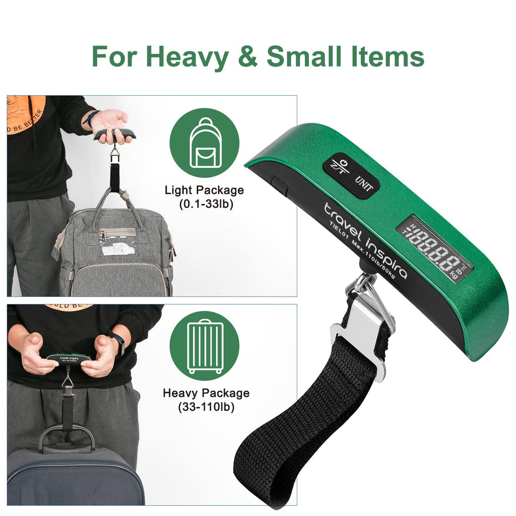 travel inspira Digital Luggage Scale – Portable Hanging Suitcase Weight Scale for Travel, 110 lb Capacity, Backlit LCD Display, Prevents Airport Overweight Fees, Battery Included