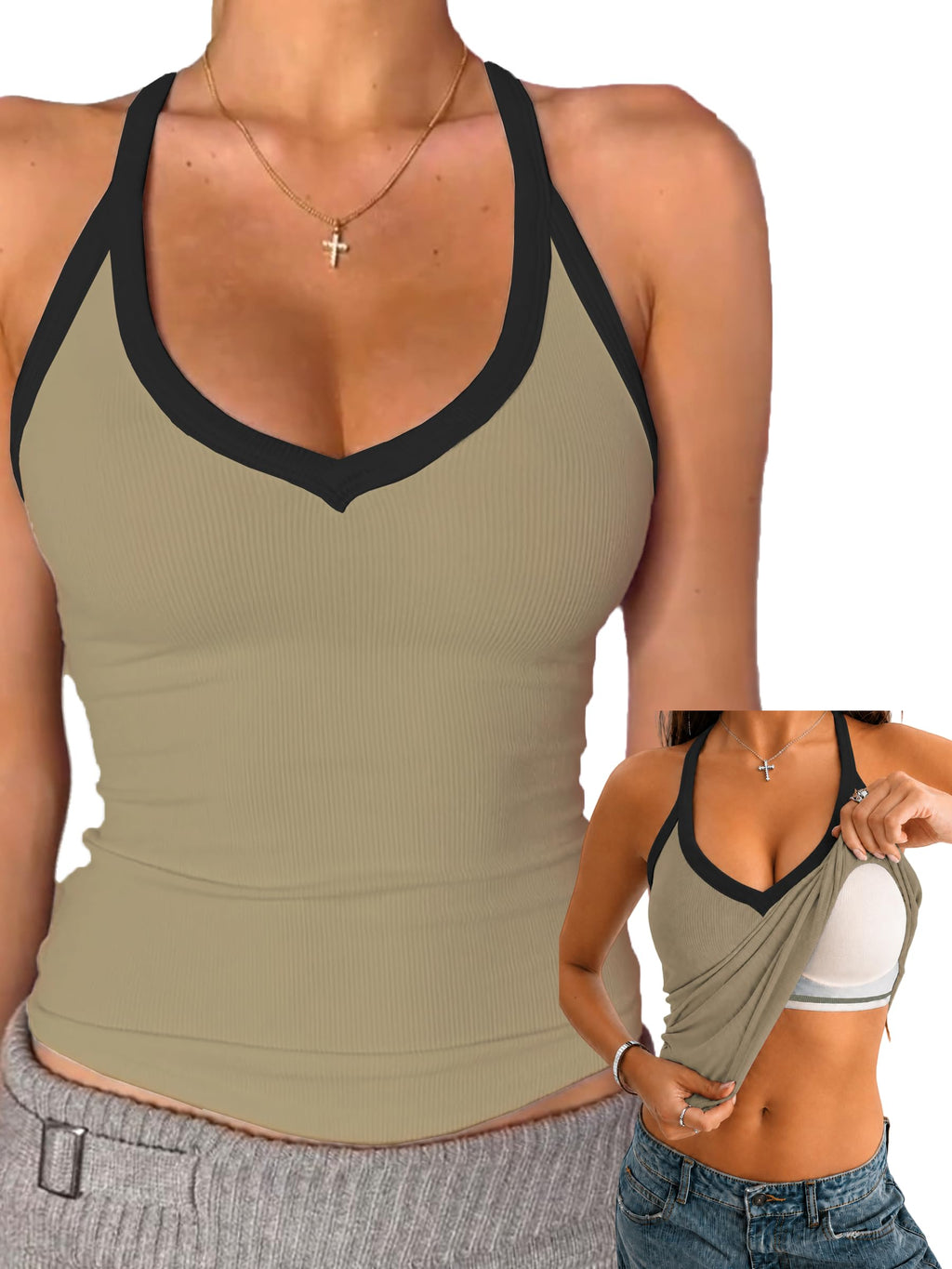 Danysu V Neck Cotton Tank Top with Built-in Shelf Bra Racerback Fitted Cami