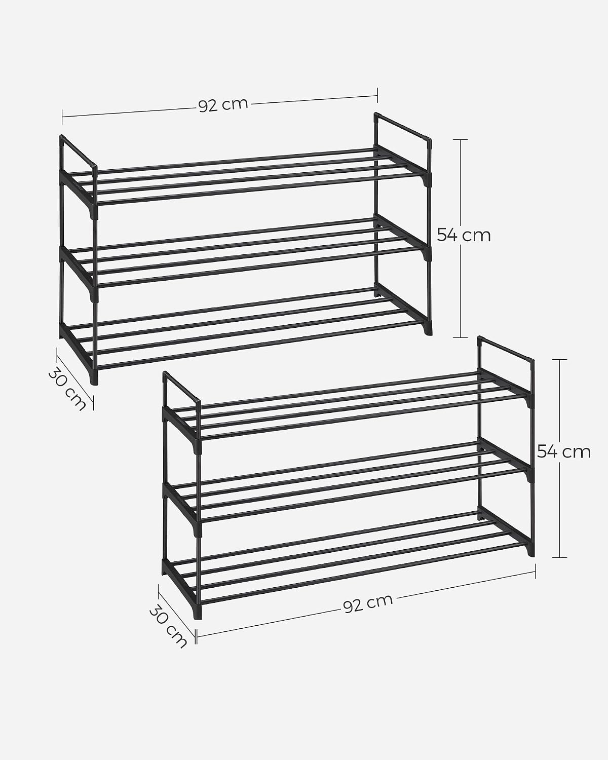 SONGMICS 3 Katlı Ayakkabı Rafı, Ayakkabı Saklama Düzenleyici, 2'li Set, Metal Saklama Rafı, 30 x 92 x 54 cm, Siyah Lsa06Bk
