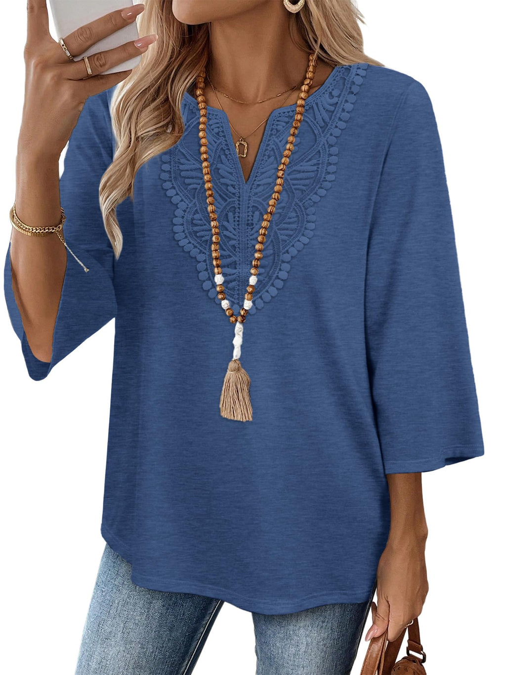WIHOLL 3/4 Length Sleeve Womens Tops Boho V Neck Lace Shirt Trendy Blouses Dressy Casual Vacation Clothes S-3XL