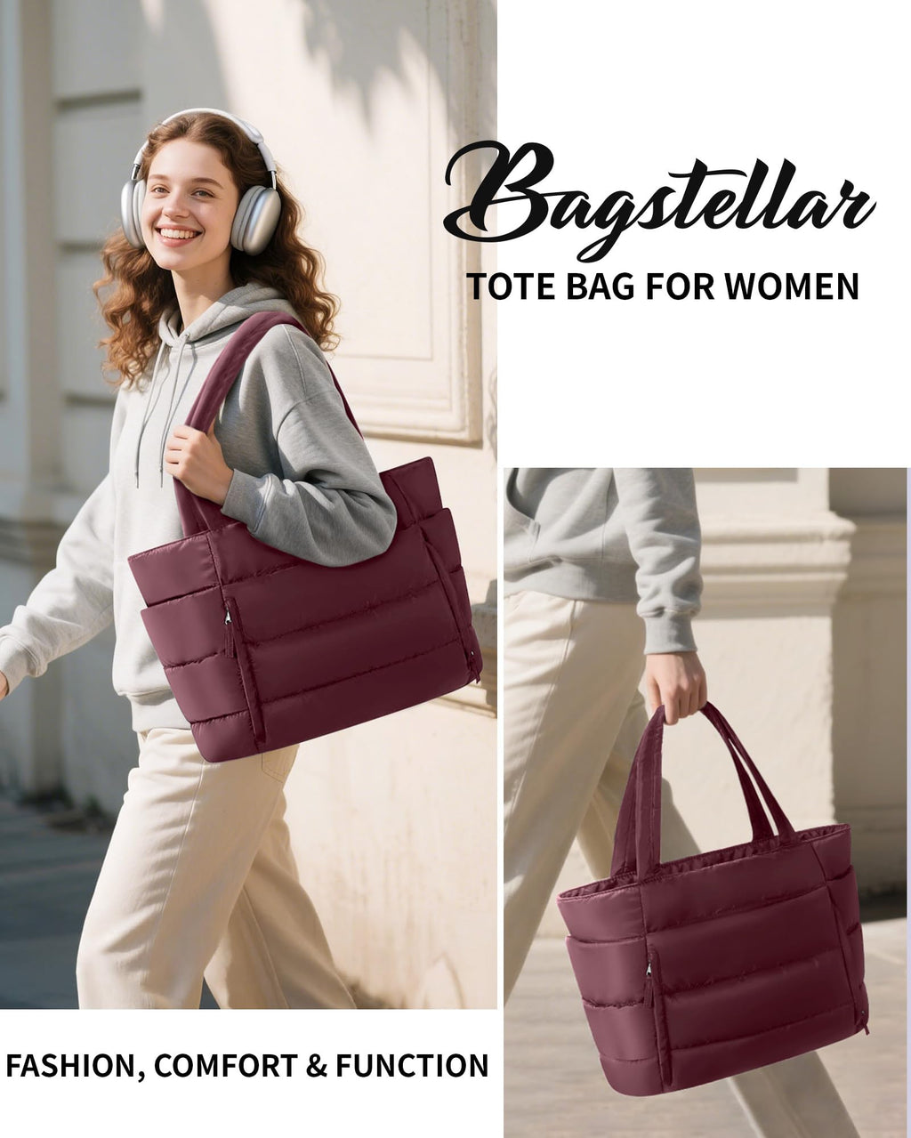 Bagstellar Puffer Tote Bag for Women, Lightweight Puffy Travel Gym Work Bag