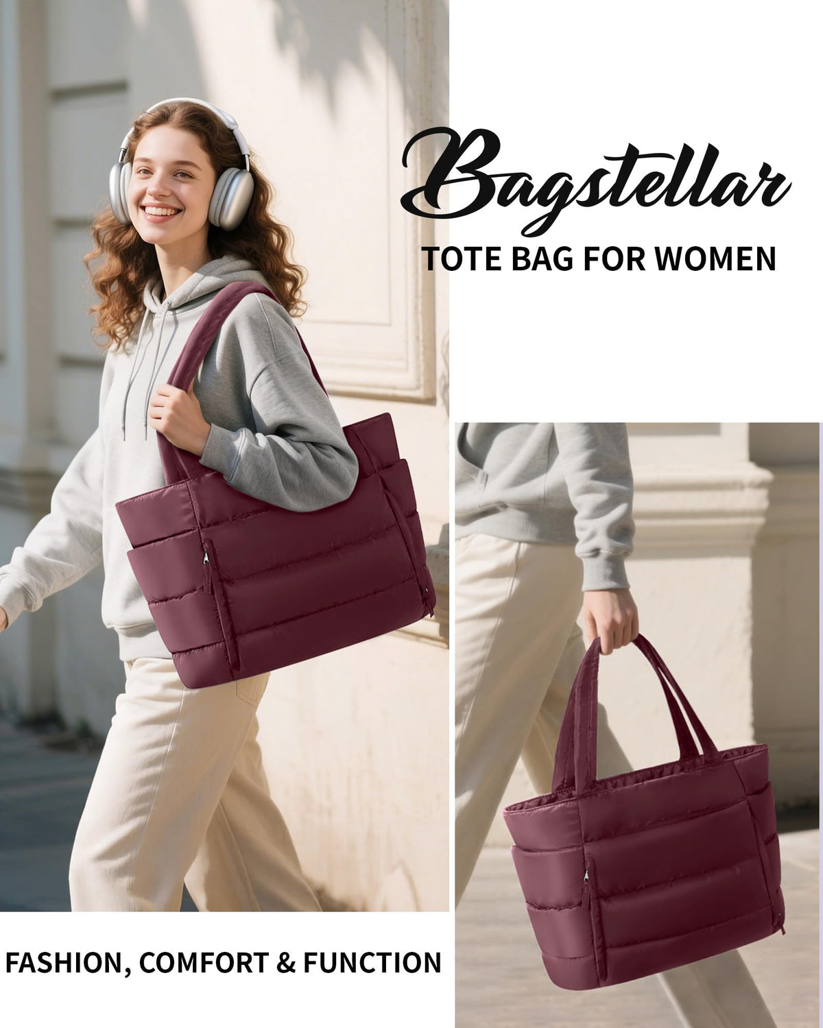 Bagstellar Puffer Tote Bag for Women, Lightweight Puffy Travel Gym Work Bag