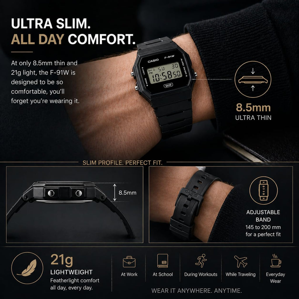 Casio F91W Series | Digital Watch | Water Resistant | LED Light | 1/100 SEC Stopwatch | Regular Time Keeping (HR, Min, SEC, PM, Date, Day) | Daily Alarm | Lightweight | 7 Year Battery