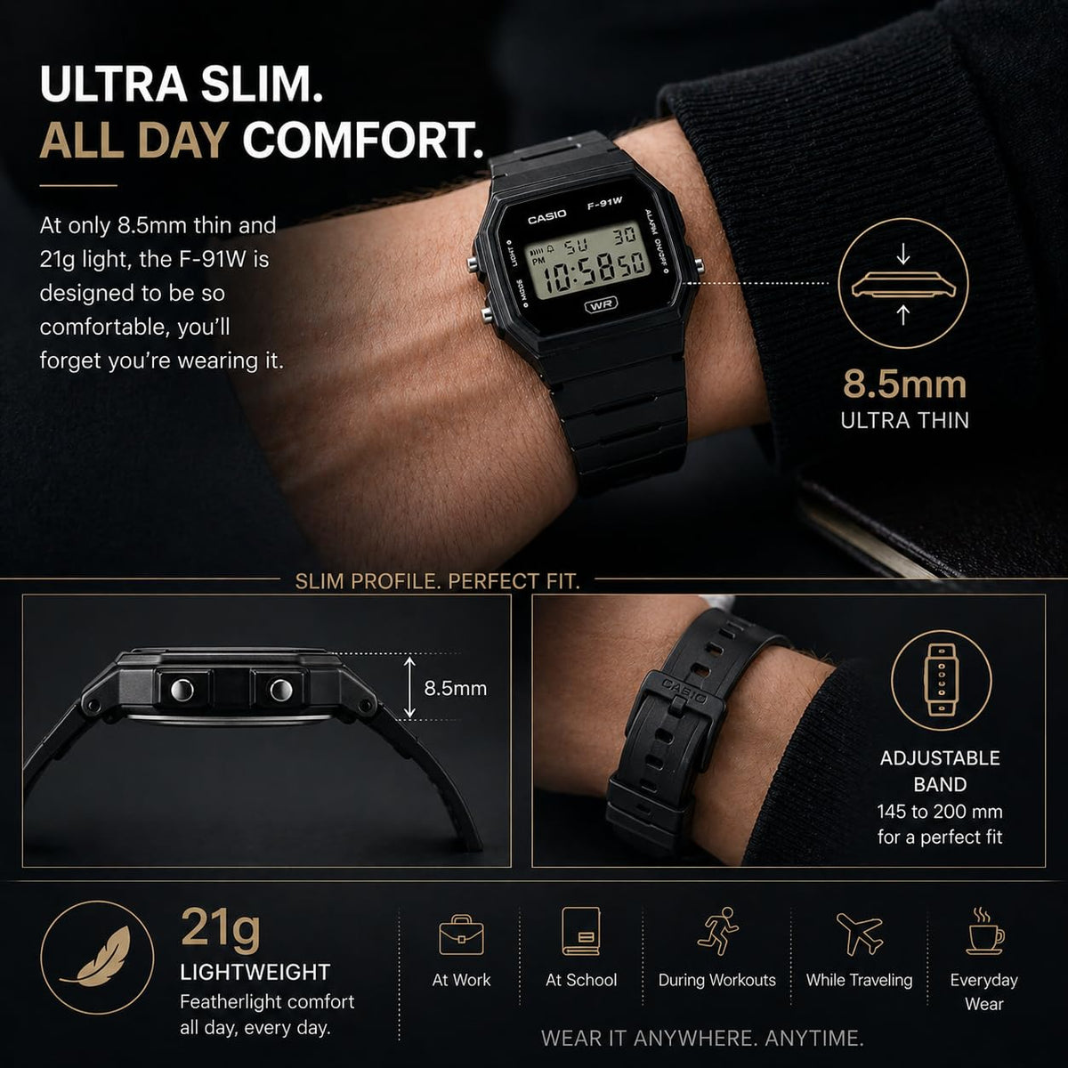 Casio F91W Series | Digital Watch | Water Resistant | LED Light | 1/100 SEC Stopwatch | Regular Time Keeping (HR, Min, SEC, PM, Date, Day) | Daily Alarm | Lightweight | 7 Year Battery