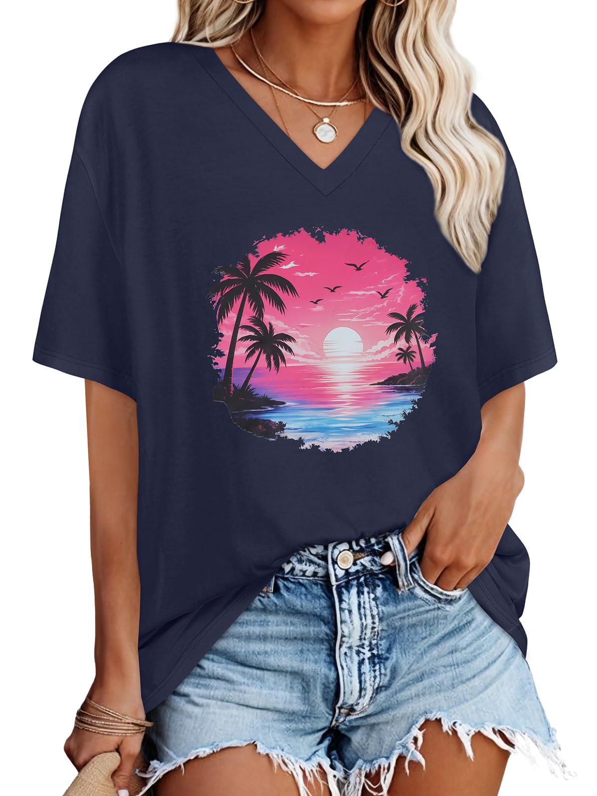 Oversized Tshirts for Women Graphic V Neck Short Sleeve Summer Casual Tops