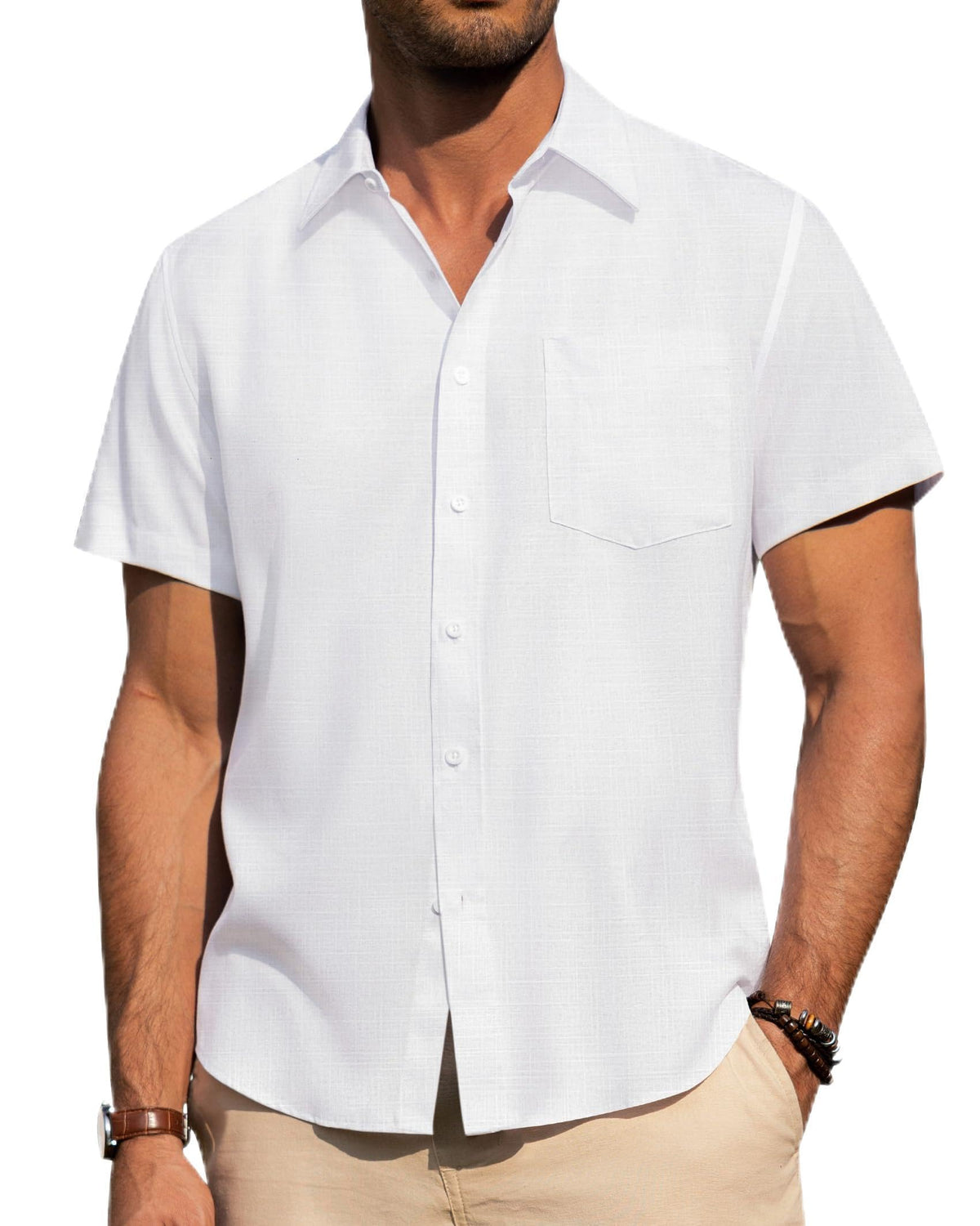 Alimens & Gentle Mens Linen Shirts Short Sleeve Button Down Shirts Wrinkle Free Casual Vacation Beach Summer Tops