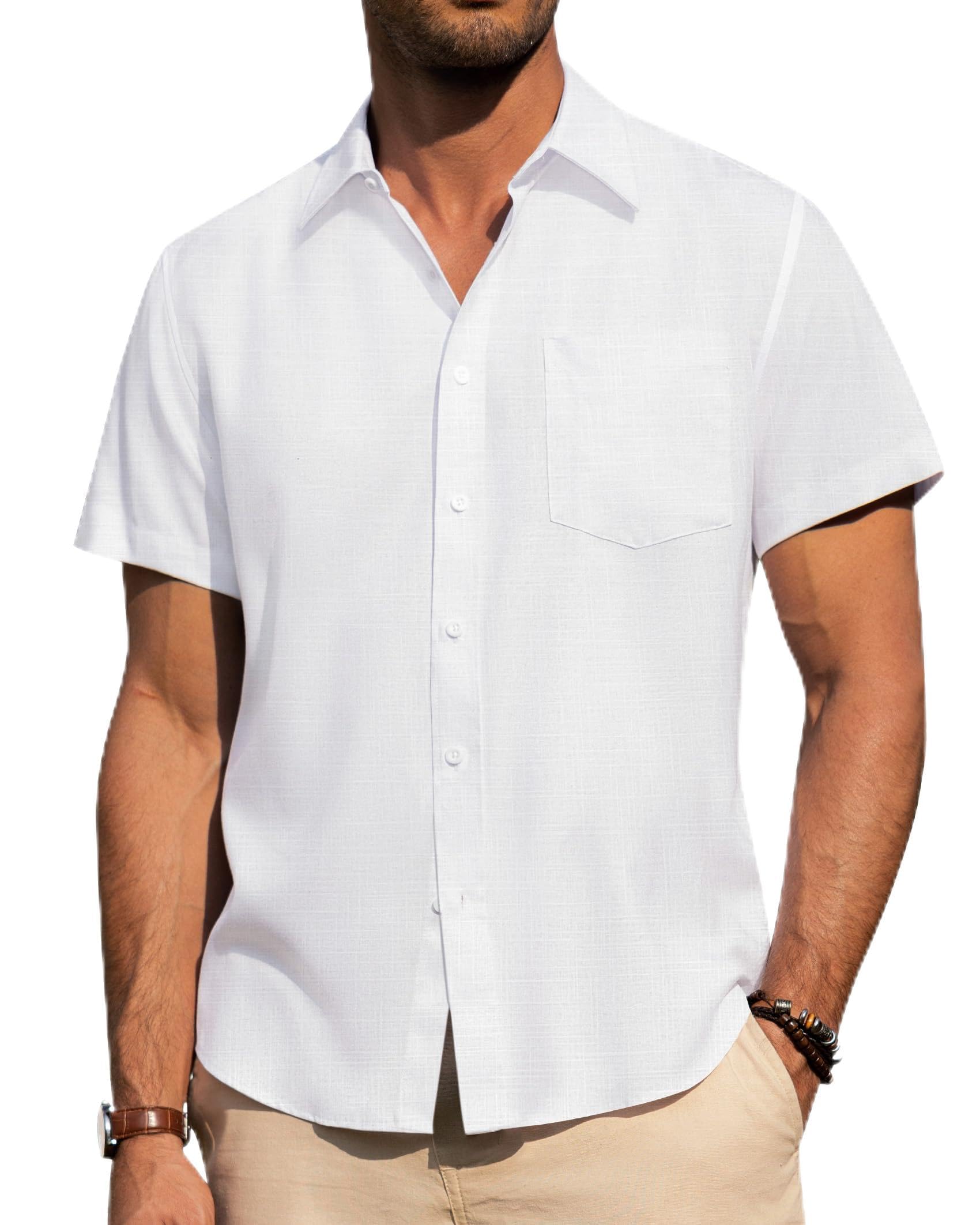 Alimens & Gentle Mens Linen Shirts Short Sleeve Button Down Shirts Wrinkle Free Casual Vacation Beach Summer Tops