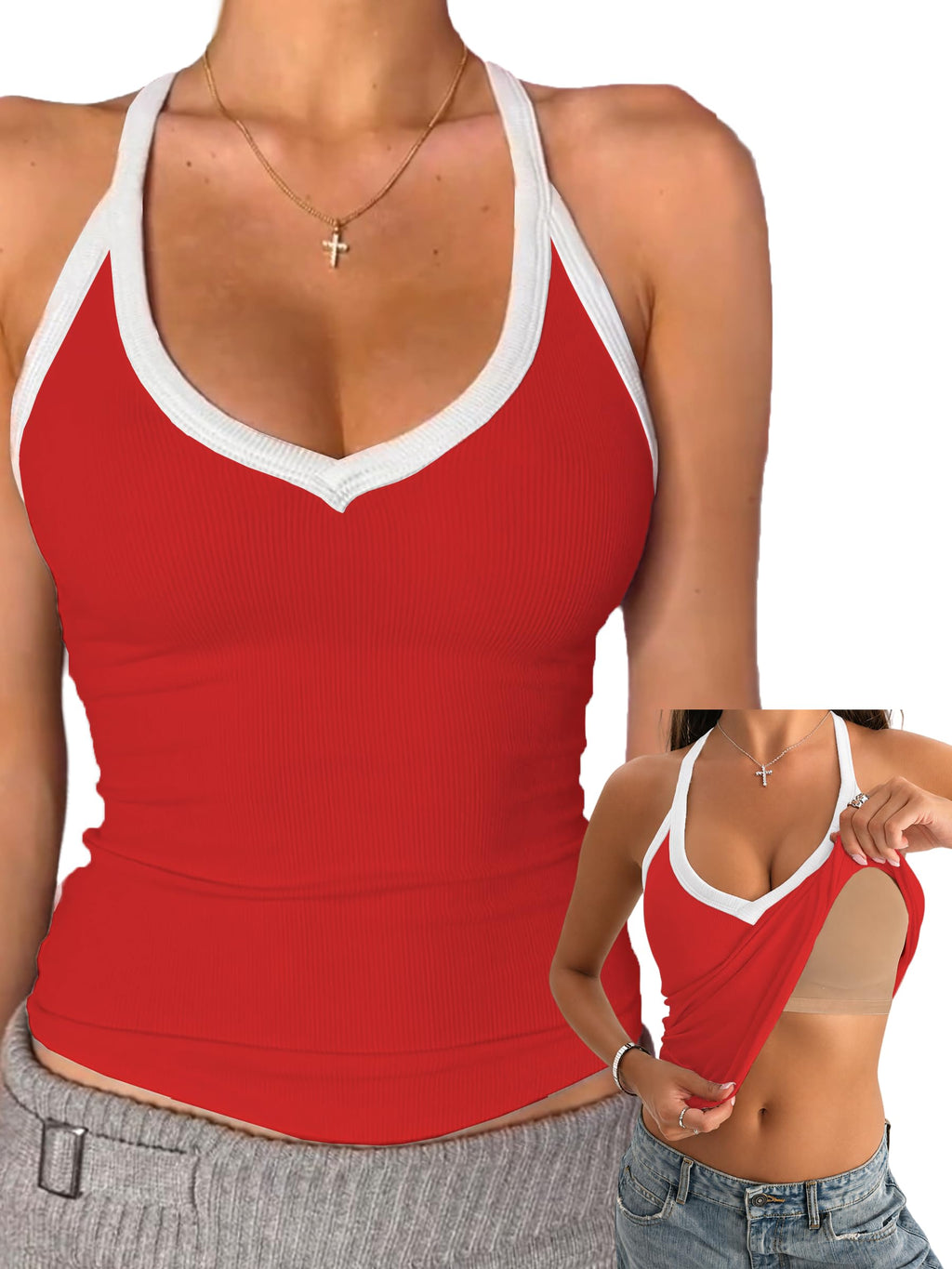 Danysu V Neck Cotton Tank Top with Built-in Shelf Bra Racerback Fitted Cami