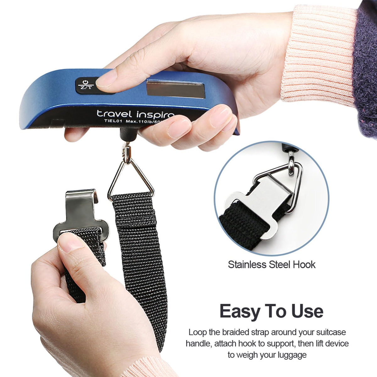 travel inspira Digital Luggage Scale – Portable Hanging Suitcase Weight Scale for Travel, 110 lb Capacity, Backlit LCD Display, Prevents Airport Overweight Fees, Battery Included