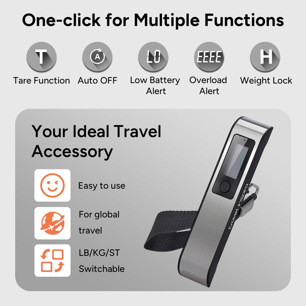 travel inspira Digital Luggage Scale – Portable Hanging Suitcase Weight Scale for Travel, 110 lb Capacity, Backlit LCD Display, Prevents Airport Overweight Fees, Battery Included