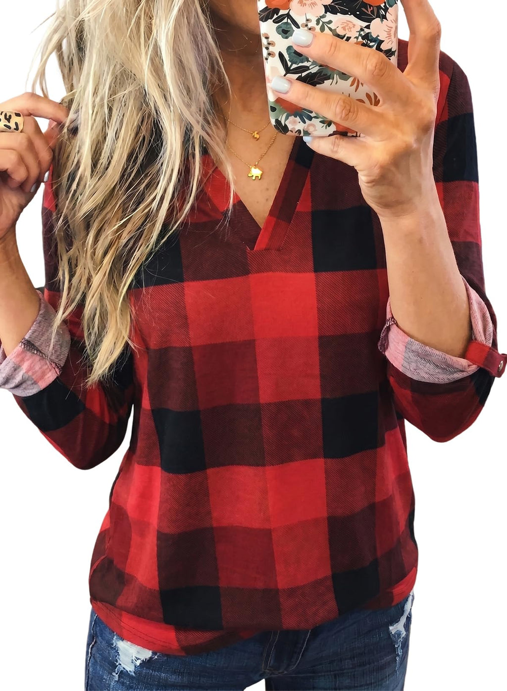 Dokotoo Womens Tops Plaid Cotton Cuffed 3/4 Sleeve Shirts Blouses