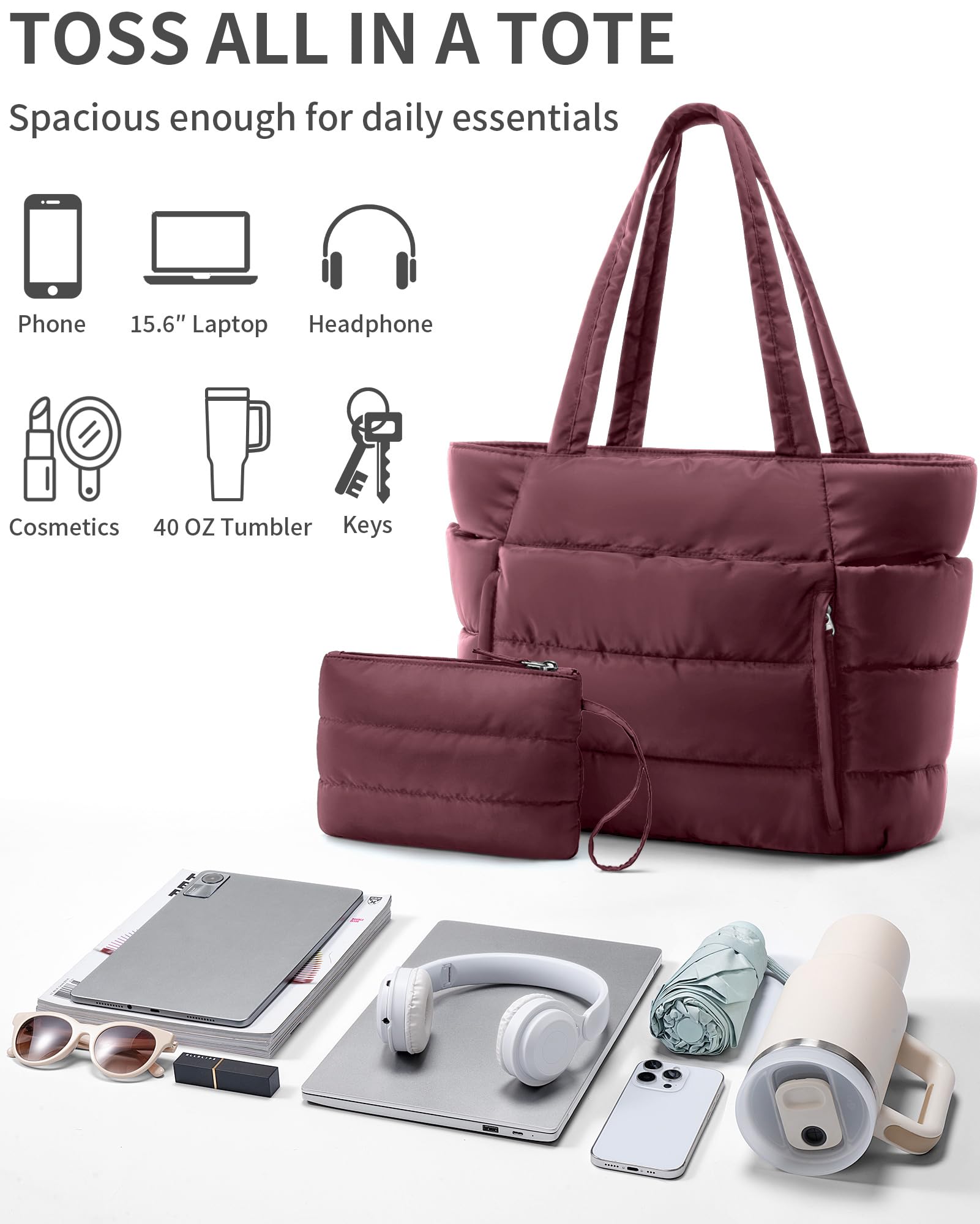 Bagstellar Puffer Tote Bag for Women, Lightweight Puffy Travel Gym Work Bag