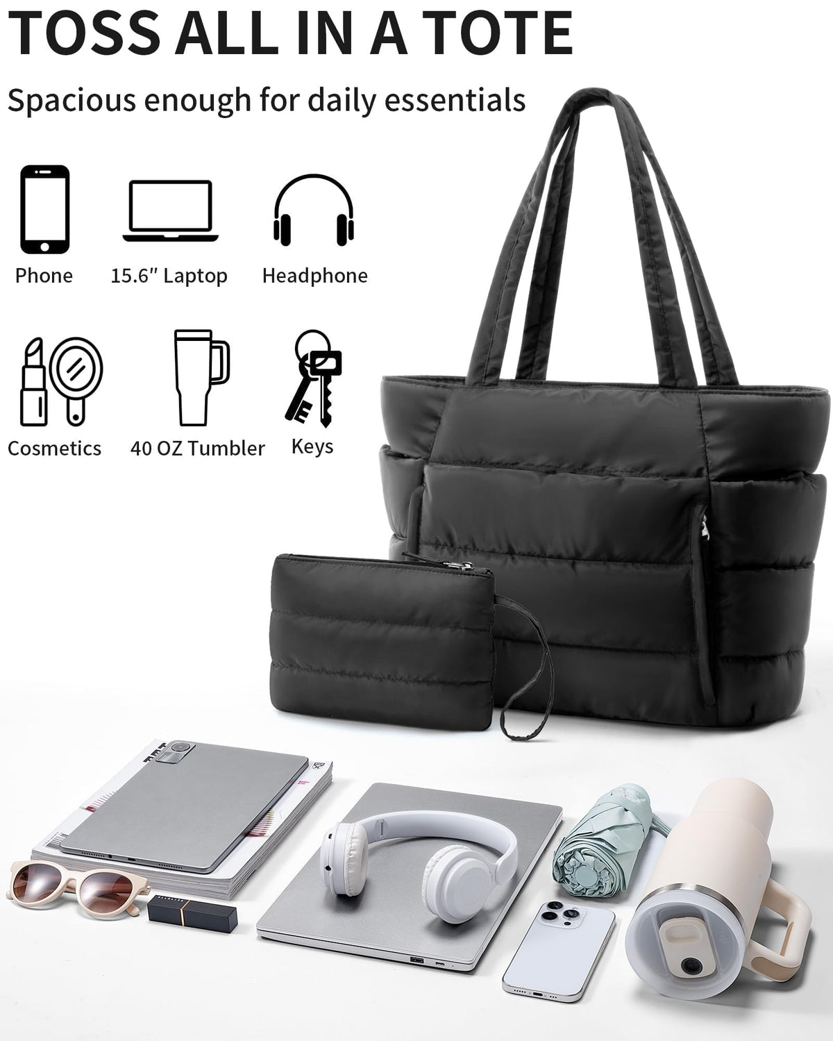 Bagstellar Puffer Tote Bag for Women, Lightweight Puffy Travel Gym Work Bag