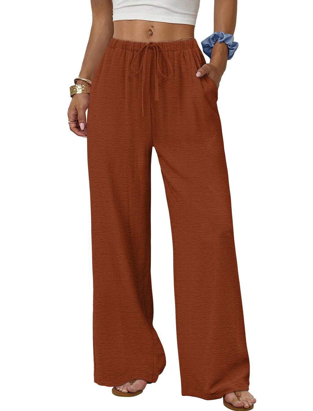 Sampeel Wide Leg Pants for Women Flowy Palazzo Drawstring Elastic Waist Trousers with Pockets Summer Beach Vacation Clothes