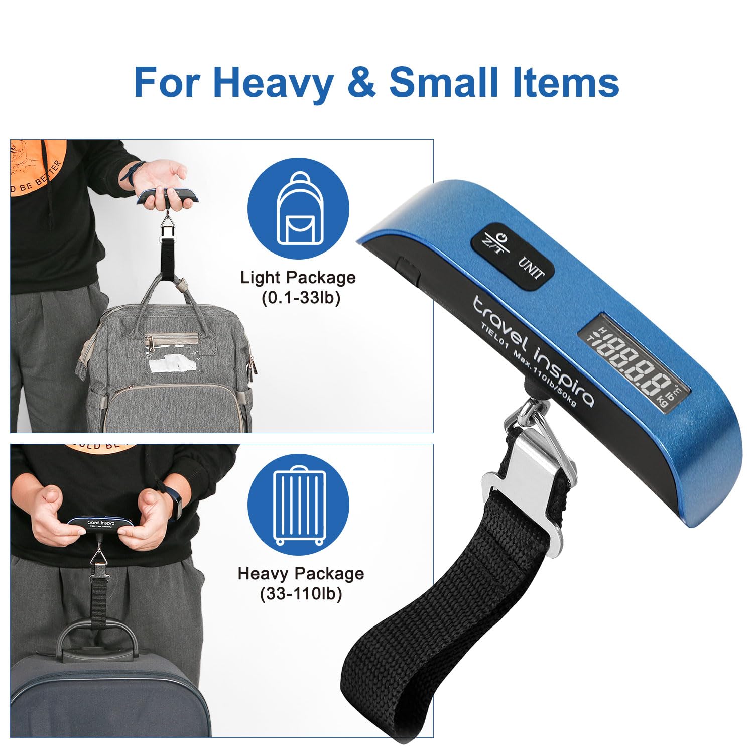 travel inspira Digital Luggage Scale – Portable Hanging Suitcase Weight Scale for Travel, 110 lb Capacity, Backlit LCD Display, Prevents Airport Overweight Fees, Battery Included