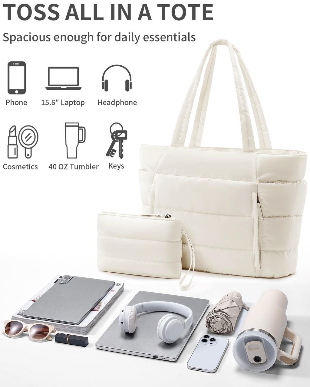 Bagstellar Puffer Tote Bag for Women, Lightweight Puffy Travel Gym Work Bag