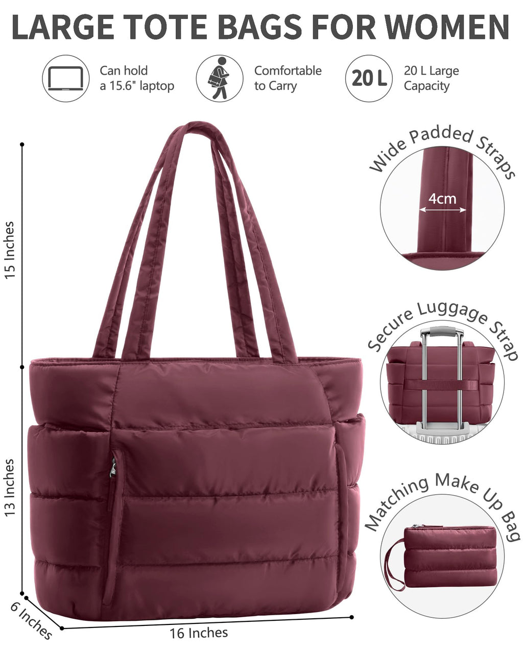 Bagstellar Puffer Tote Bag for Women, Lightweight Puffy Travel Gym Work Bag