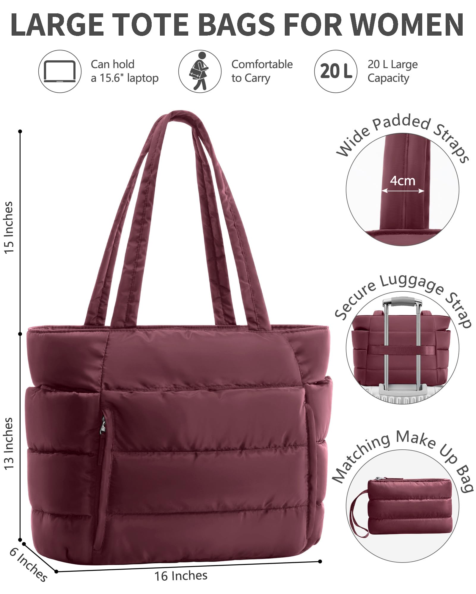 Bagstellar Puffer Tote Bag for Women, Lightweight Puffy Travel Gym Work Bag