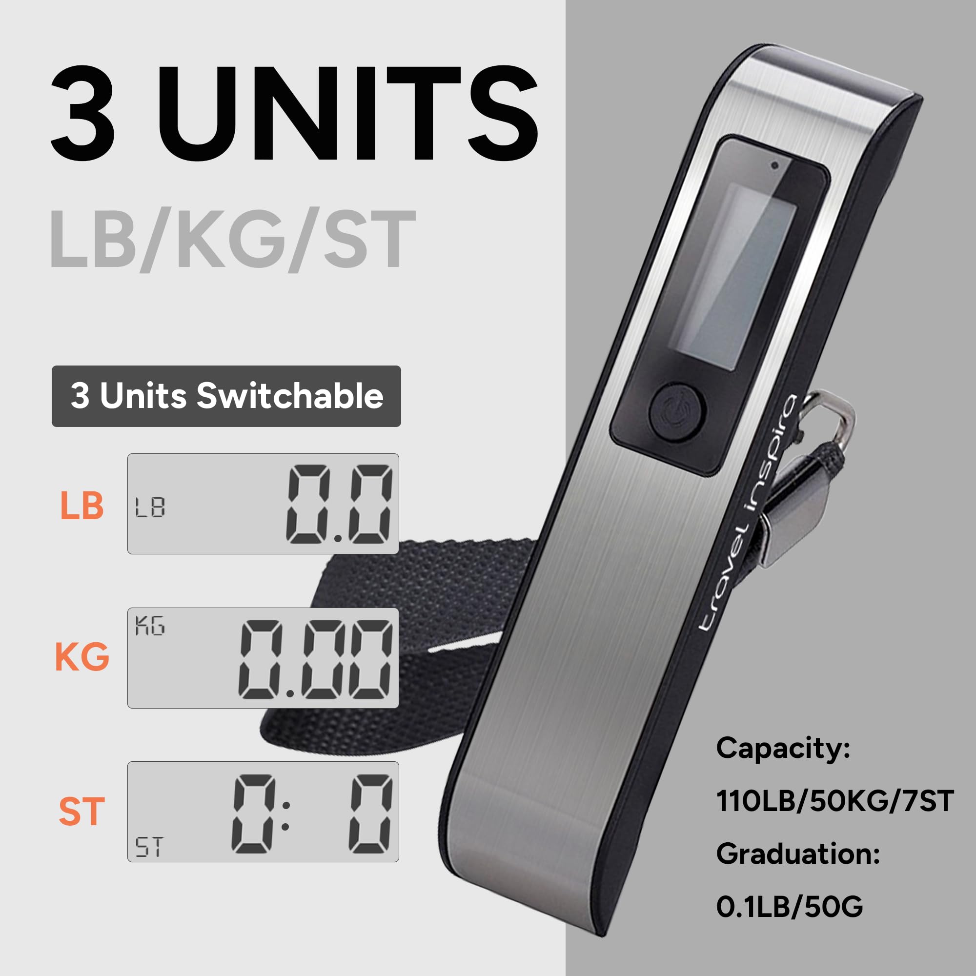 travel inspira Digital Luggage Scale – Portable Hanging Suitcase Weight Scale for Travel, 110 lb Capacity, Backlit LCD Display, Prevents Airport Overweight Fees, Battery Included