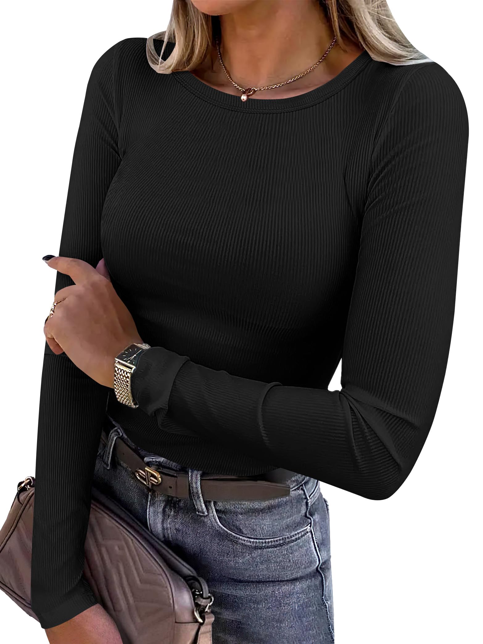 ANRABESS Women Long Sleeve Shirts Ribbed Fitted Tops
