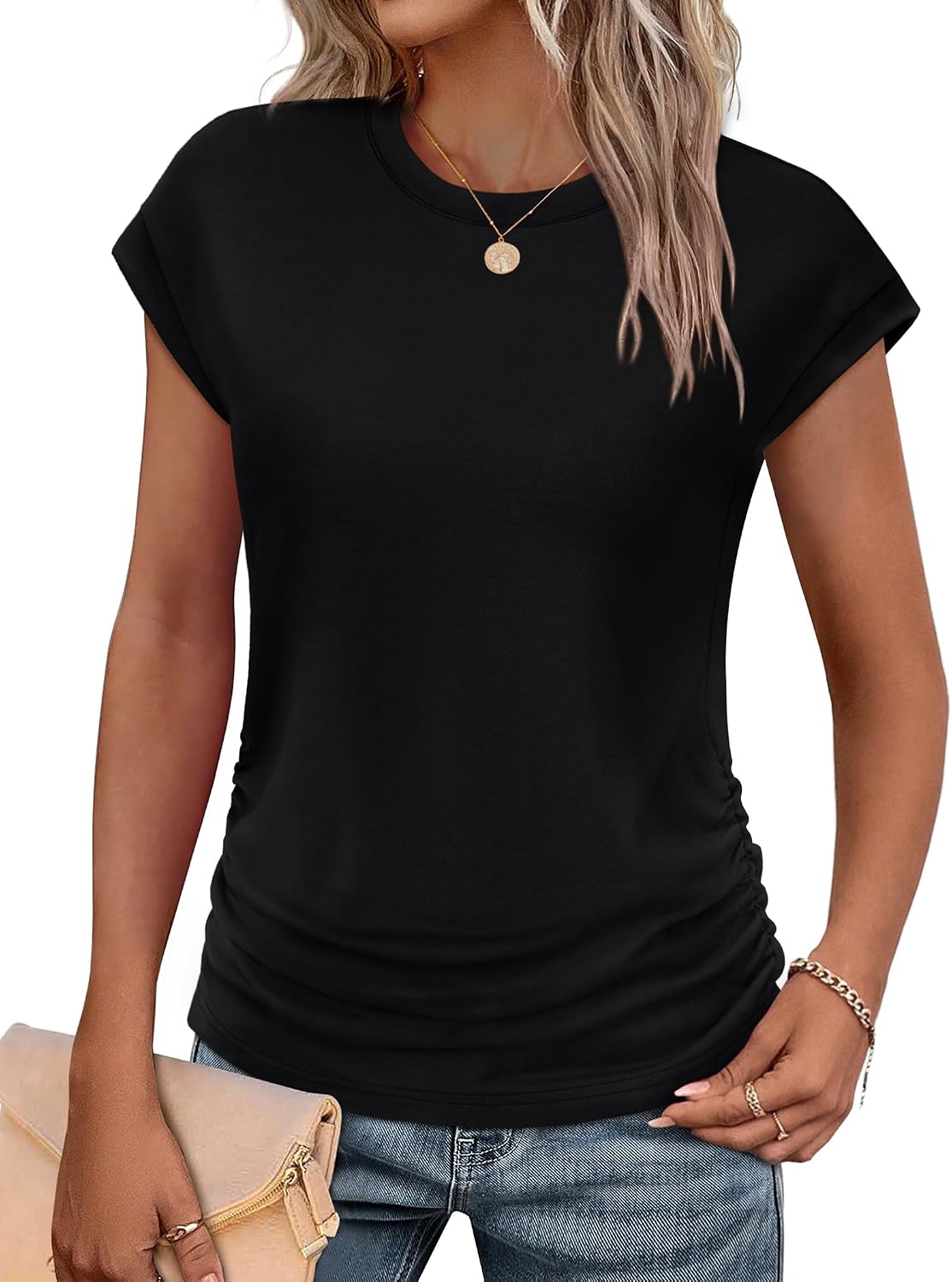 Sampeel Womens Summer Tops Trendy 2026 Ruched Cap Short Sleeve Tshirts Shirts Crew Neck T Shirts Fashion