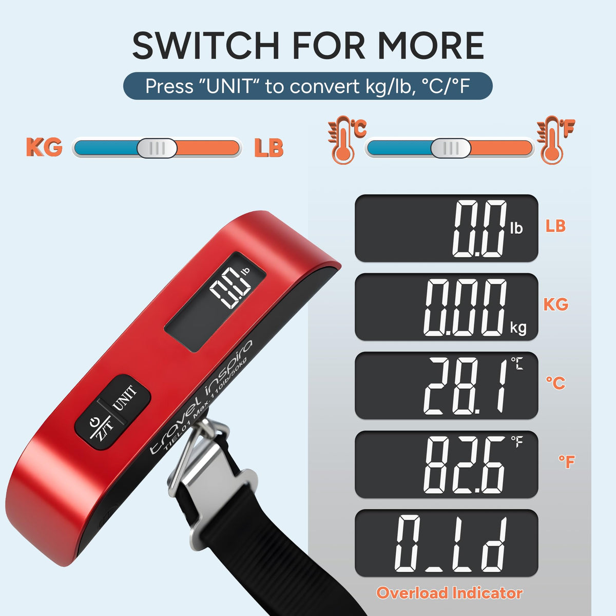 travel inspira Digital Luggage Scale – Portable Hanging Suitcase Weight Scale for Travel, 110 lb Capacity, Backlit LCD Display, Prevents Airport Overweight Fees, Battery Included