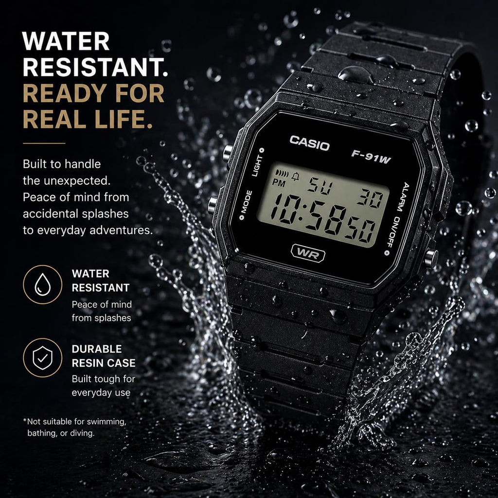 Casio F91W Series | Digital Watch | Water Resistant | LED Light | 1/100 SEC Stopwatch | Regular Time Keeping (HR, Min, SEC, PM, Date, Day) | Daily Alarm | Lightweight | 7 Year Battery