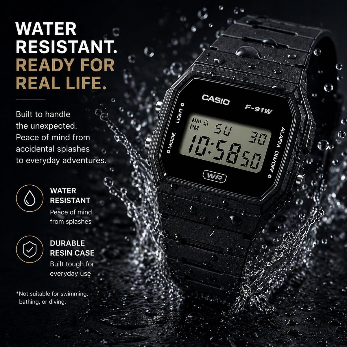 Casio F91W Series | Digital Watch | Water Resistant | LED Light | 1/100 SEC Stopwatch | Regular Time Keeping (HR, Min, SEC, PM, Date, Day) | Daily Alarm | Lightweight | 7 Year Battery
