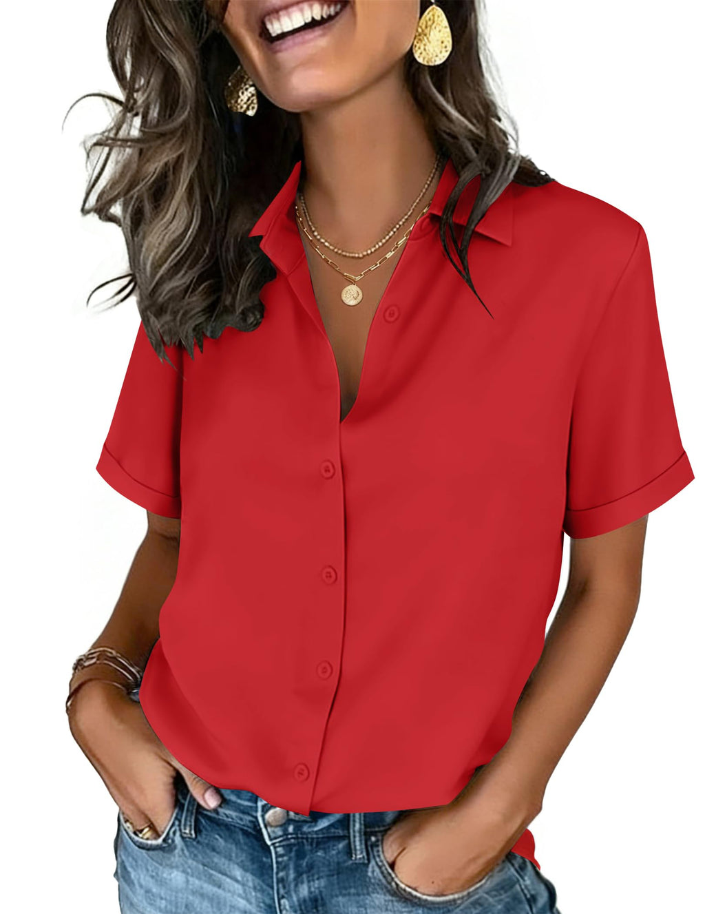 Zeagoo Button Down Shirts for Women Short Sleeve Tops Dressy Casual Blouses