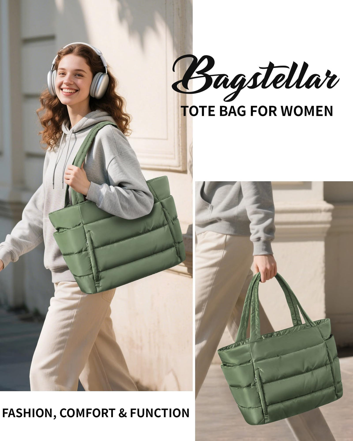 Bagstellar Puffer Tote Bag for Women, Lightweight Puffy Travel Gym Work Bag