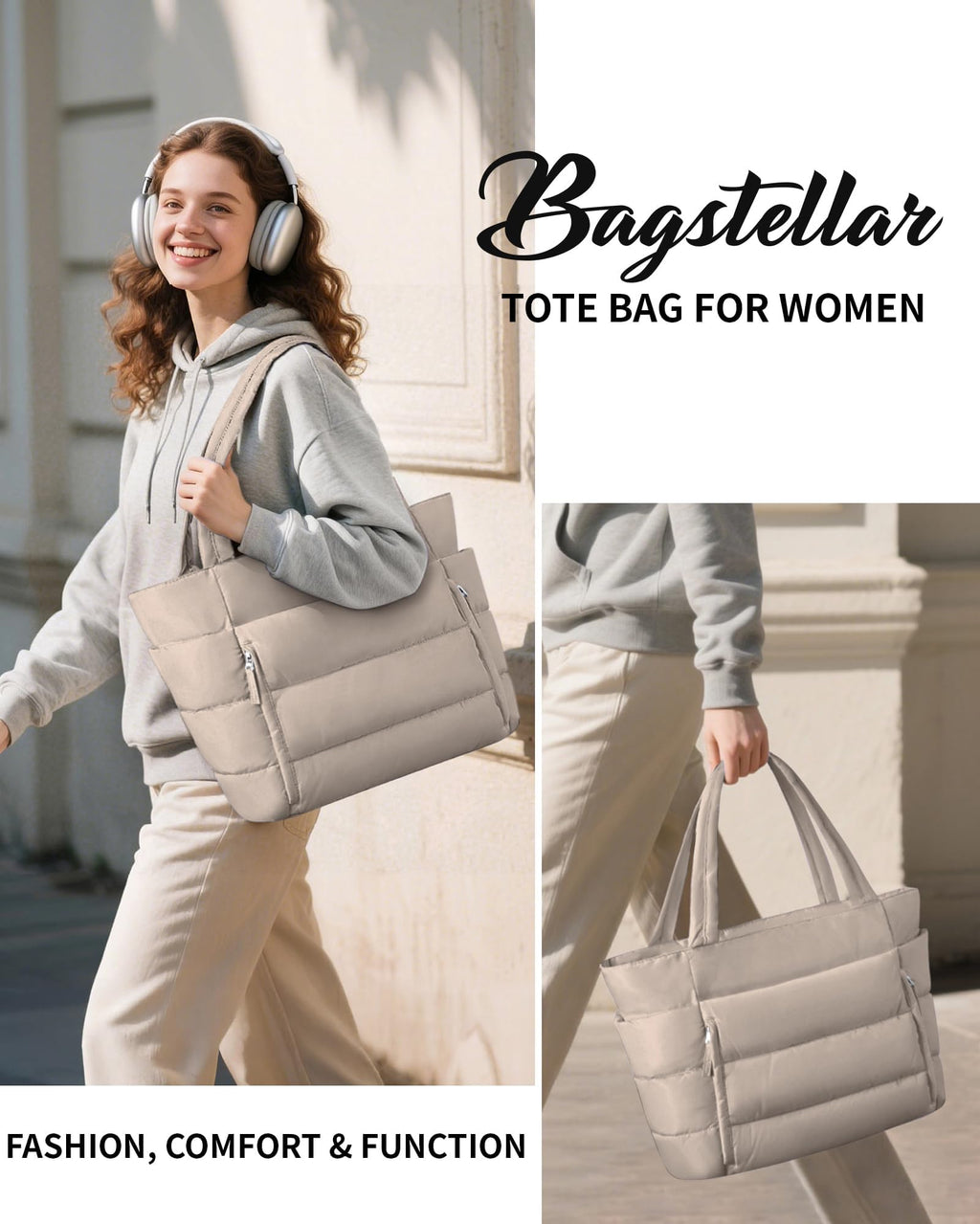 Bagstellar Puffer Tote Bag for Women, Lightweight Puffy Travel Gym Work Bag