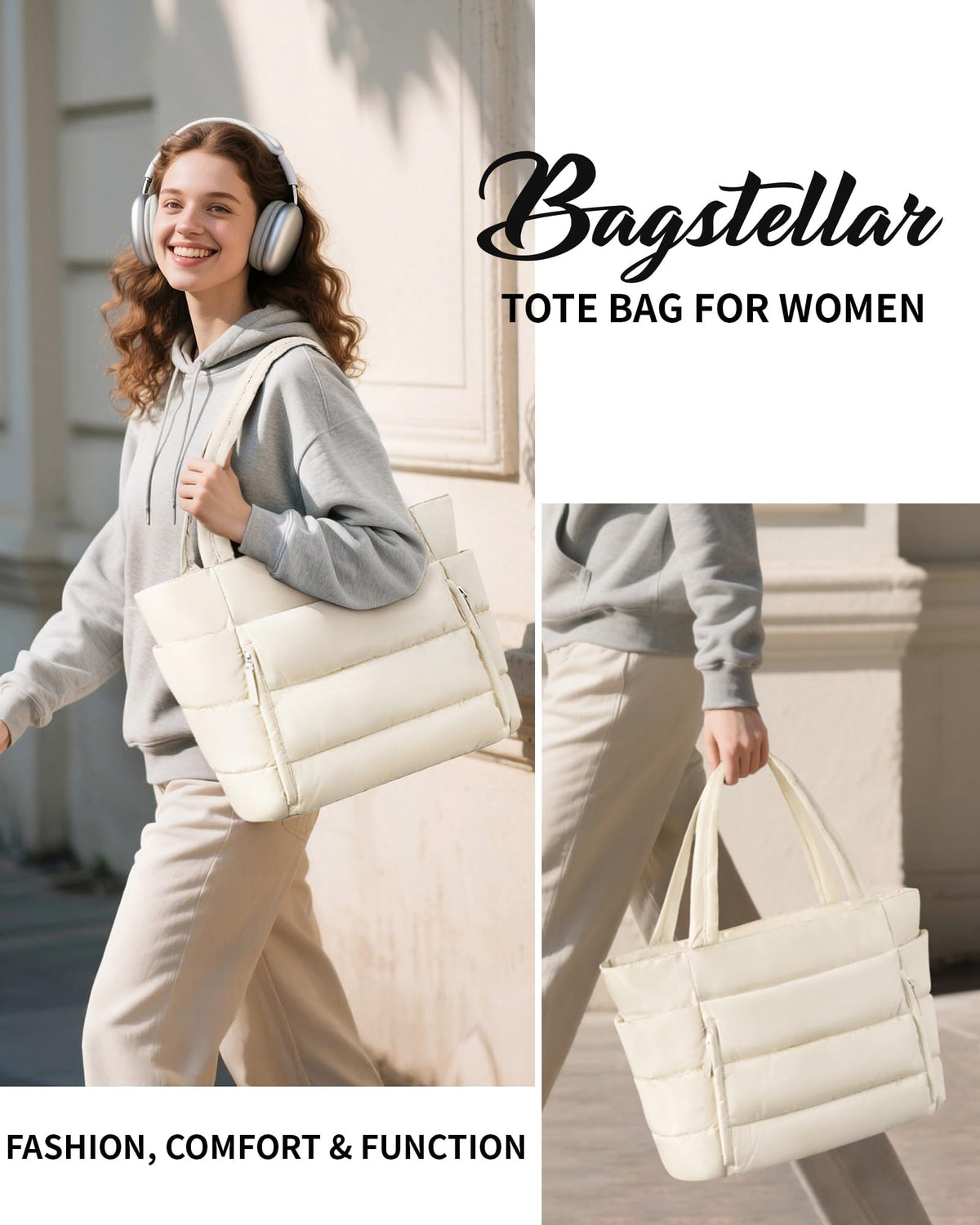 Bagstellar Puffer Tote Bag for Women, Lightweight Puffy Travel Gym Work Bag