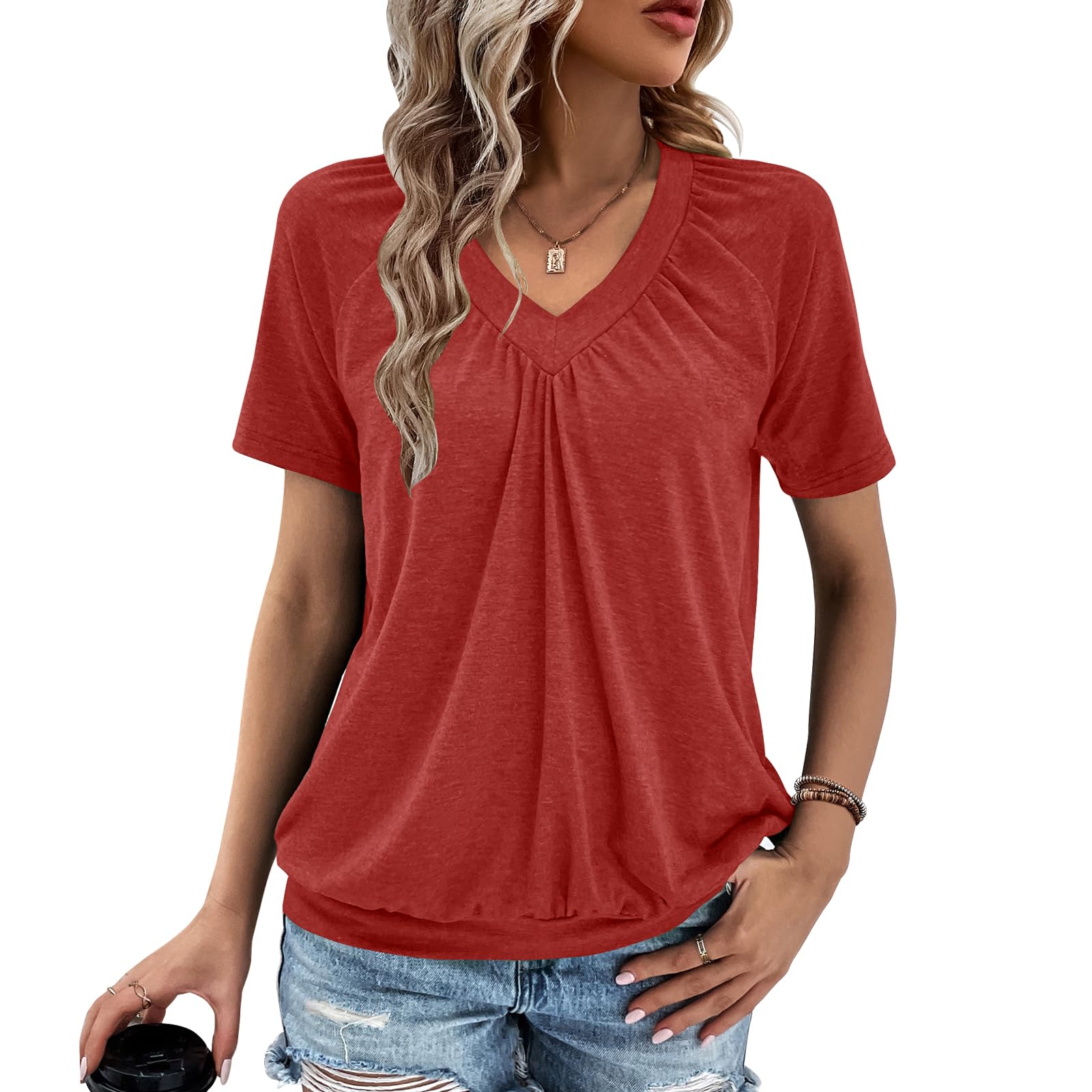 Gihgoew Summer Tops for Women 2025 Shorts Sleeve Womens Tops,V Neck Soft Casual Loose Fit Ruched Top T Shirts Tee Clothes