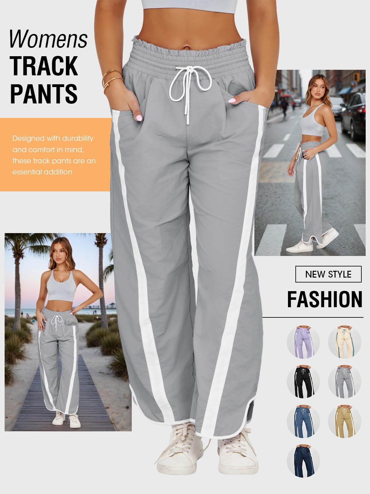 Fisoew Women's Baggy Wide Leg Pants Casual Drawstring Elastic Waisted Contrast Color Workout Y2K Track Pants