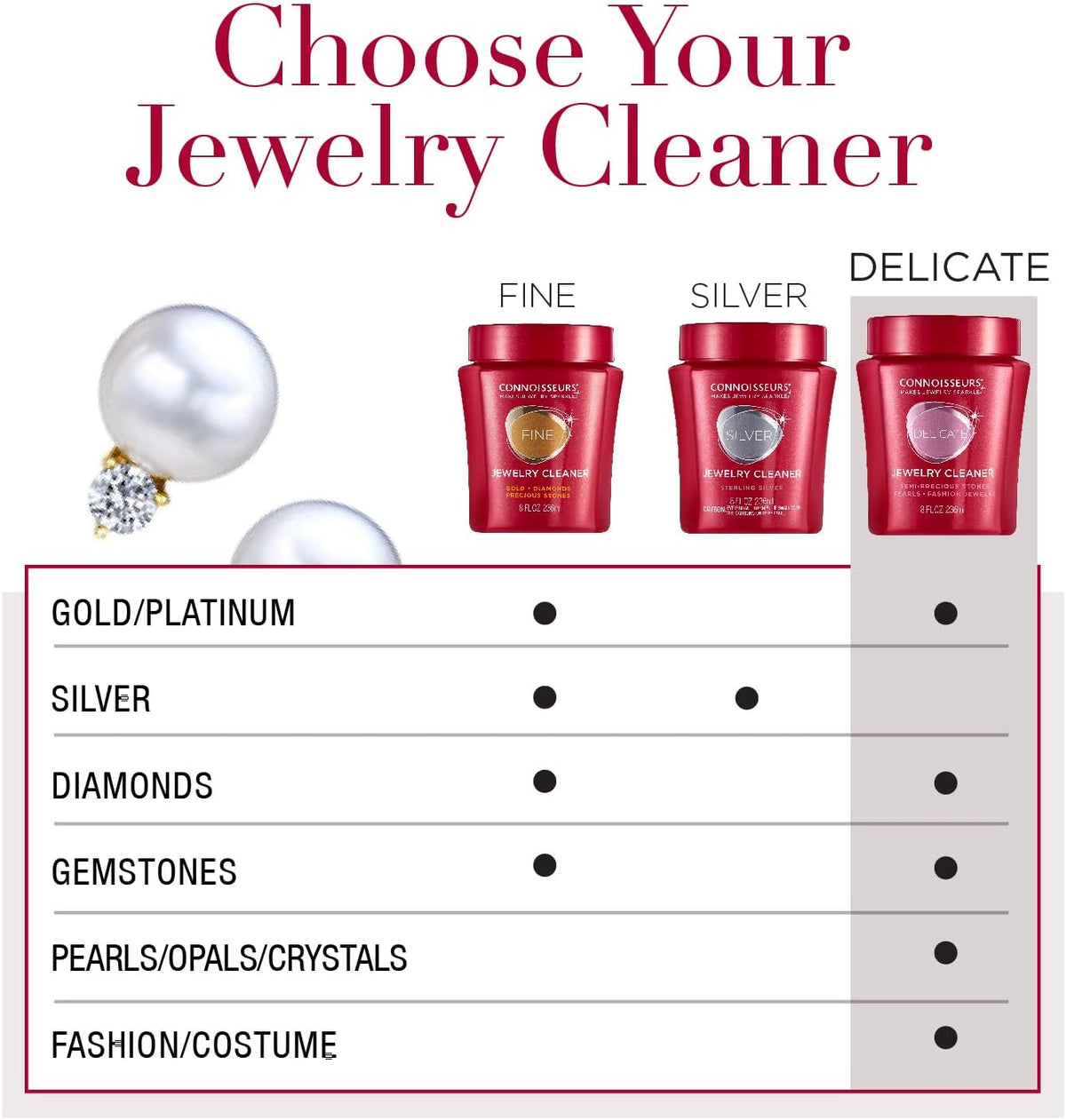 CONNOISSEURS Premium Edition Jewelry Cleaner, Value Size 9.6oz - Pick from Fine, Silver or Delicate Jewelry Cleaner