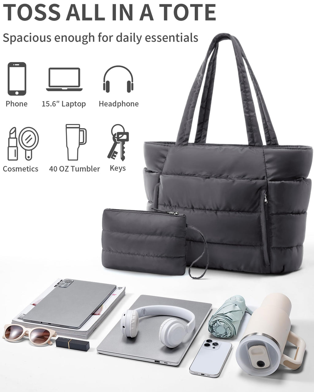 Bagstellar Puffer Tote Bag for Women, Lightweight Puffy Travel Gym Work Bag