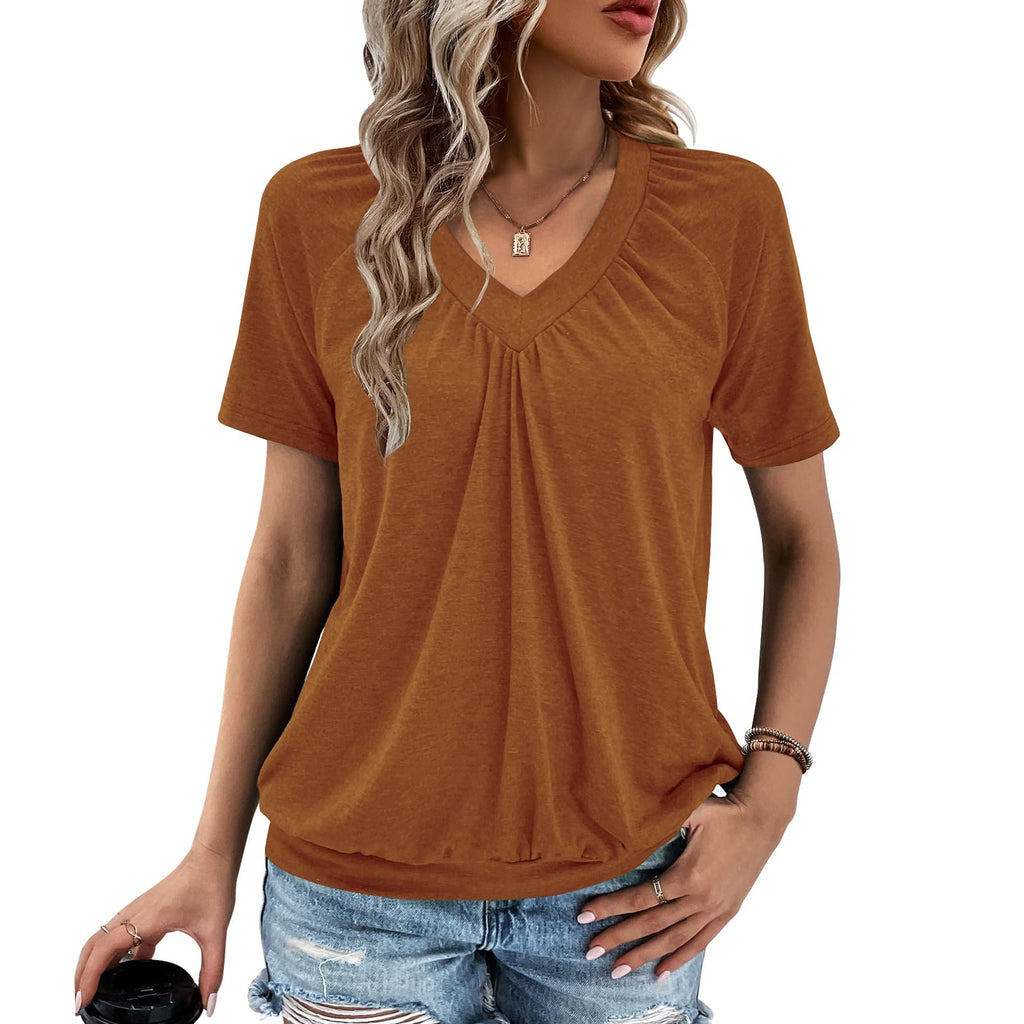 Gihgoew Summer Tops for Women 2025 Shorts Sleeve Womens Tops,V Neck Soft Casual Loose Fit Ruched Top T Shirts Tee Clothes
