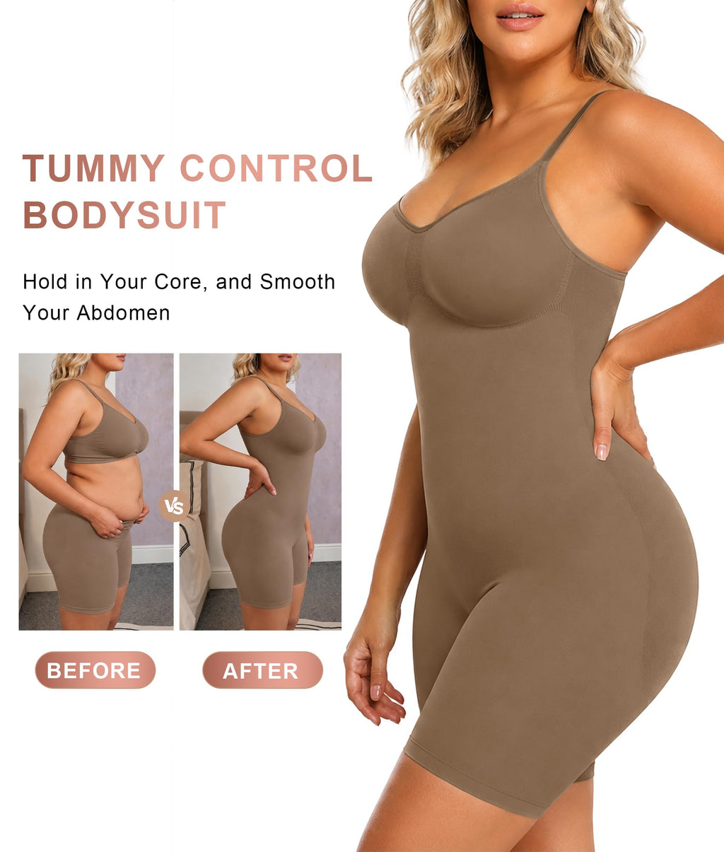 SHAPERX Shapewear for Women Tummy Control Bodysuit Mid Thigh Body Shaper Shorts for a Lifted Look
