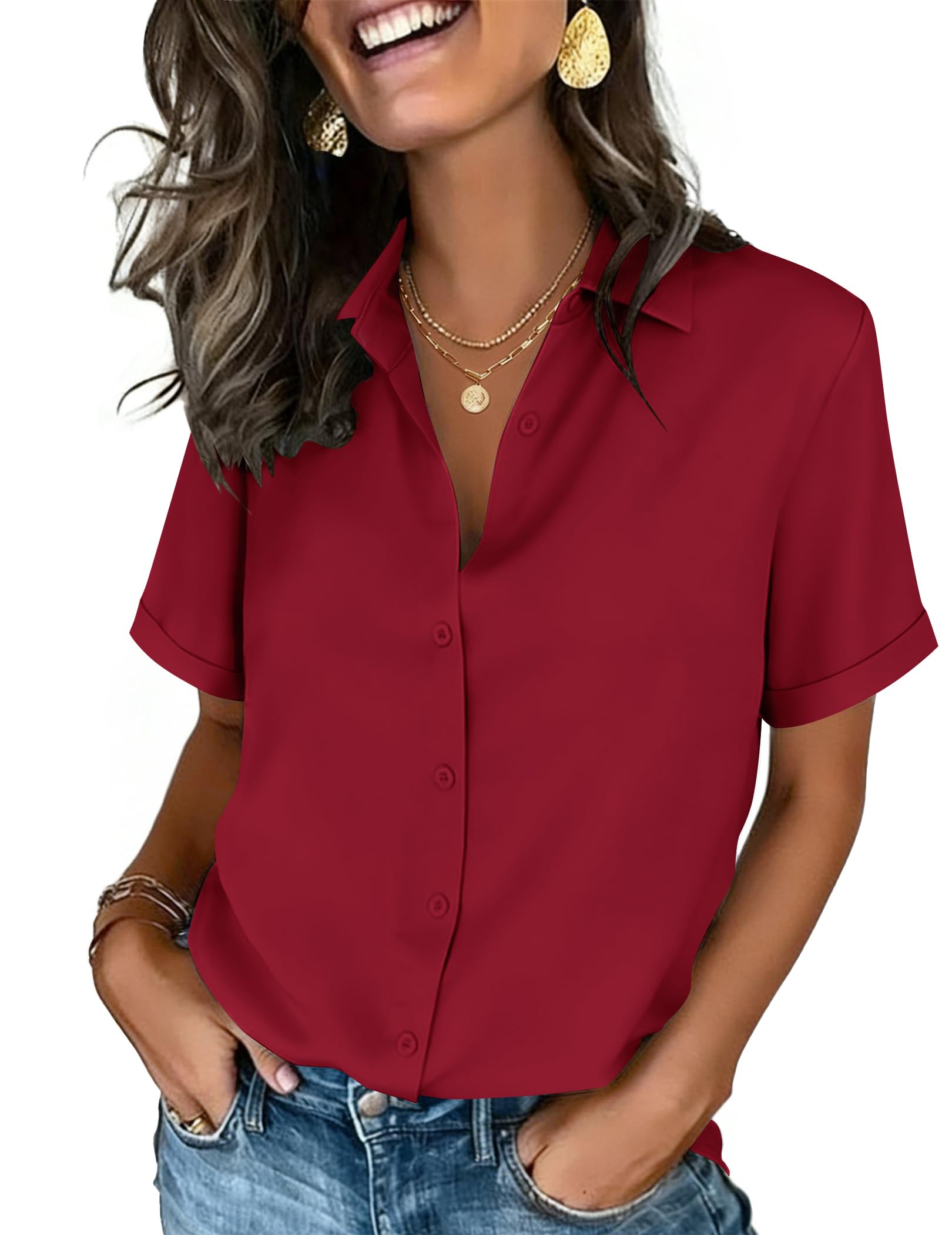 Zeagoo Button Down Shirts for Women Short Sleeve Tops Dressy Casual Blouses