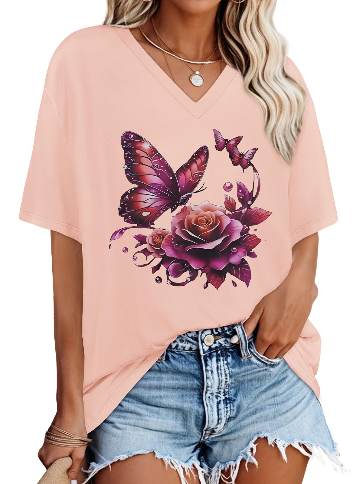 Oversized Tshirts for Women Graphic V Neck Short Sleeve Summer Casual Tops