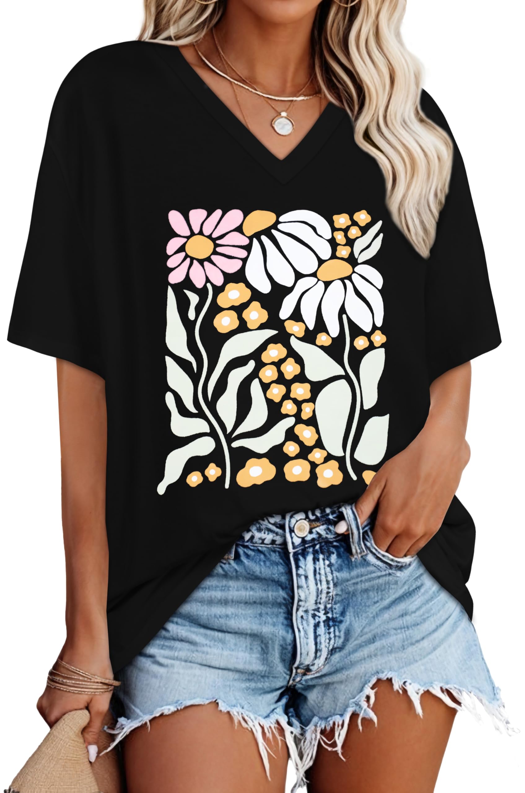 Oversized Tshirts for Women Graphic V Neck Short Sleeve Summer Casual Tops