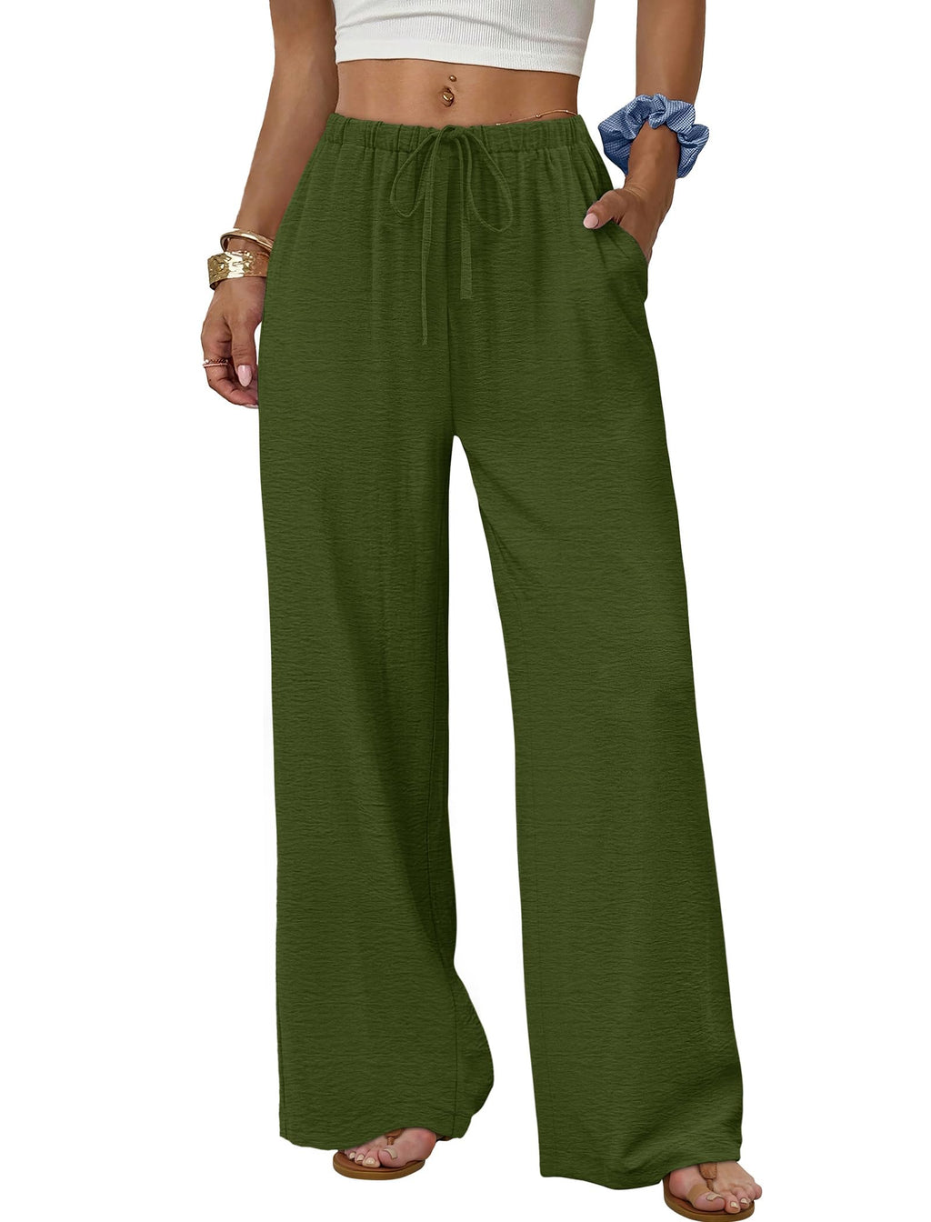 Sampeel Wide Leg Pants for Women Flowy Palazzo Drawstring Elastic Waist Trousers with Pockets Summer Beach Vacation Clothes