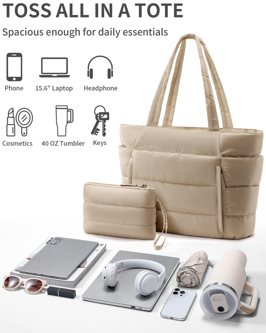Bagstellar Puffer Tote Bag for Women, Lightweight Puffy Travel Gym Work Bag